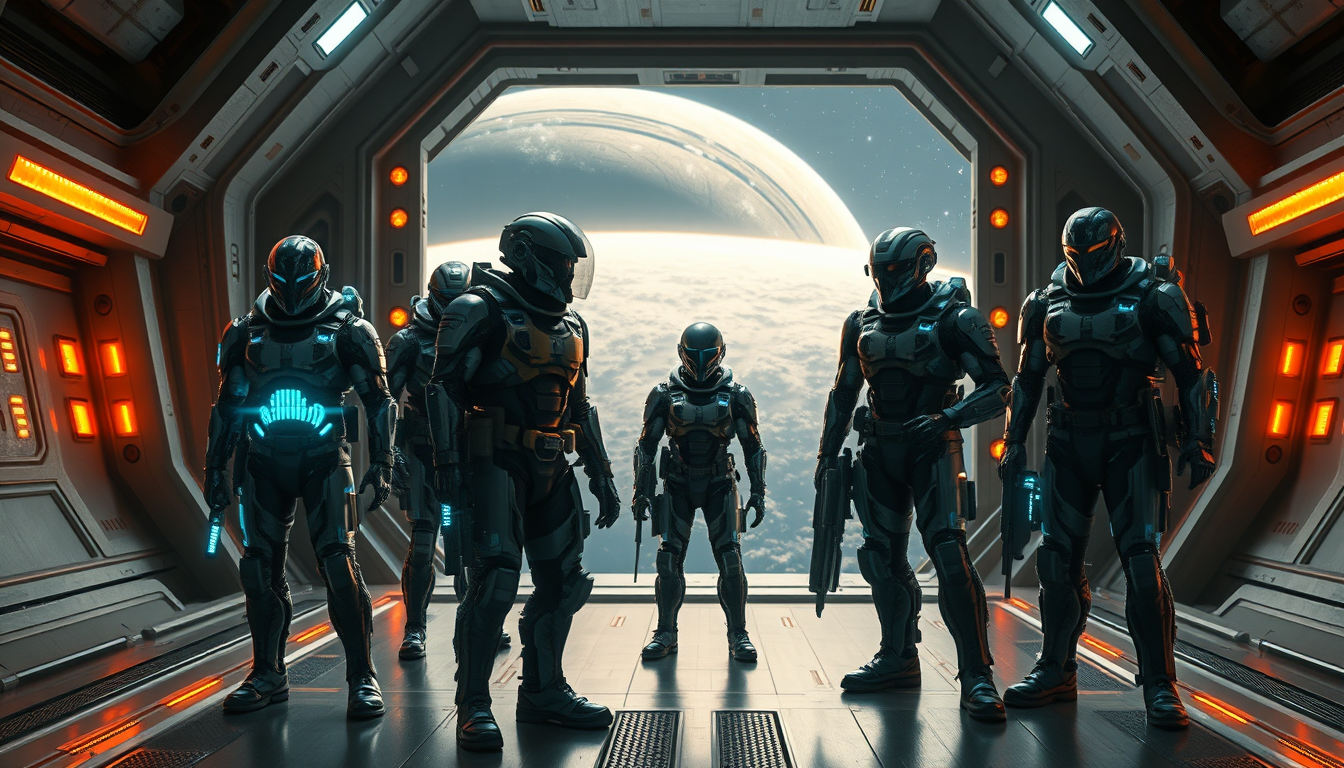 A squad of near-future operatives gearing up in an orbital hangar